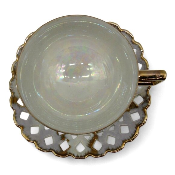 SHAFFORD Cup And Saucer Floral Design Gold Accents IRIDESCENT Finish Japan - Picture 6 of 11